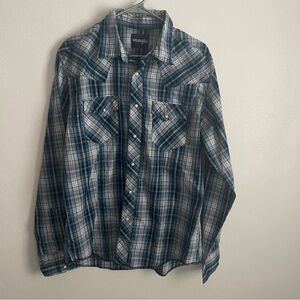 Wrangler men’s Western Snapshirts Size large Pearl Snap Plaid blues rodeo